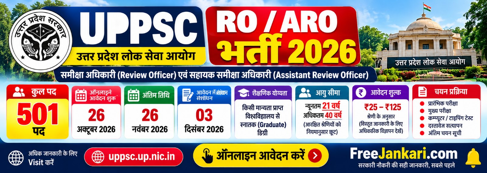 # UPPSC RO ARO Recruitment 2026: समीक्षा अधिकारी और सहायक समीक्षा अधिकारी भर्ती, ऑनलाइन आवेदन शुरू

**FreeJankari.com | Latest Government Jobs**

उत्तर प्रदेश में सरकारी न
