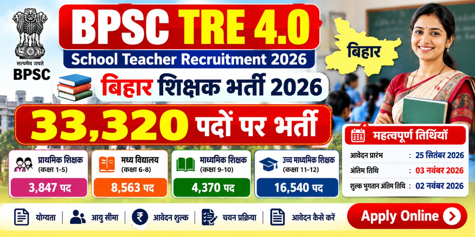 BPSC School Teacher TRE 4.0 Recruitment 2026: बिहार शिक्षक भर्ती, 33,320 पदों पर आवेदन करें

FreeJankari.com | Latest Government Jobs 2026

Bihar Public Service Commission